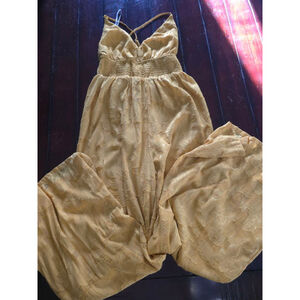 Women's Lulus Mustard Yellow Floral Chiffon Textured Wide Leg Jumpsuit Size L